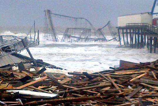 The storm surge from Hurricane Sandy washes over debris in Atlantic City