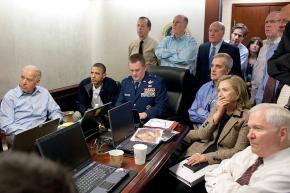 Members of the Obama administration watching live as the kill team descends on Osama bin Laden's compound