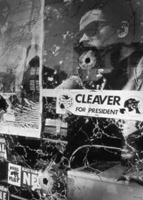 Bullet holes dot the windows of a Black Panther Party office in 1968