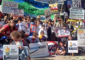 Activists take part in the Global Frackdown in Oakland, Calif.
