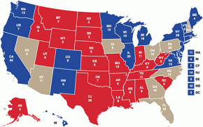 The electoral map for the 2016 election, with battleground states in beige